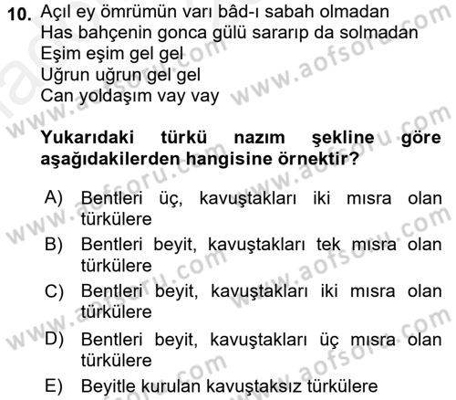 Halk Edebiyatına Giriş 2 Dersi 2015 - 2016 Yılı (Vize) Ara Sınav Soruları 10. Soru