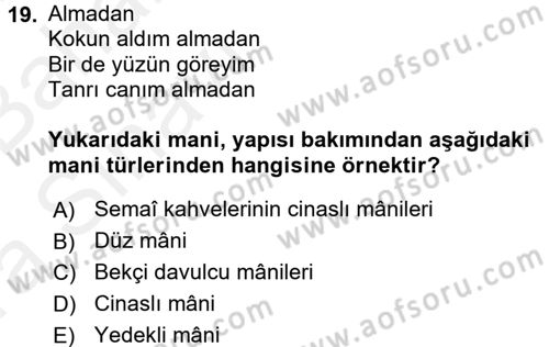 Halk Edebiyatına Giriş 2 Dersi 2015 - 2016 Yılı (Vize) Ara Sınav Soruları 19. Soru