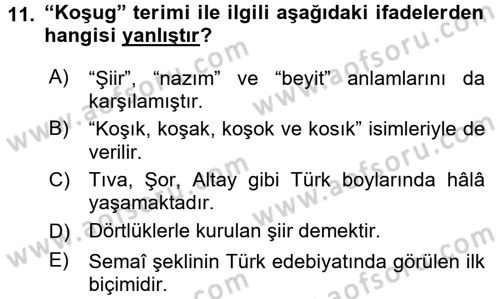 Halk Edebiyatına Giriş 2 Dersi 2015 - 2016 Yılı (Final) Dönem Sonu Sınav Soruları 11. Soru