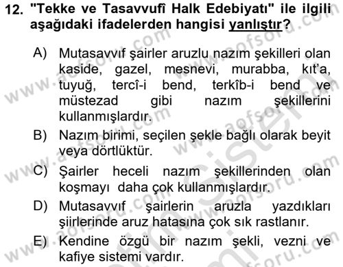Halk Edebiyatına Giriş 2 Dersi 2015 - 2016 Yılı (Final) Dönem Sonu Sınav Soruları 12. Soru