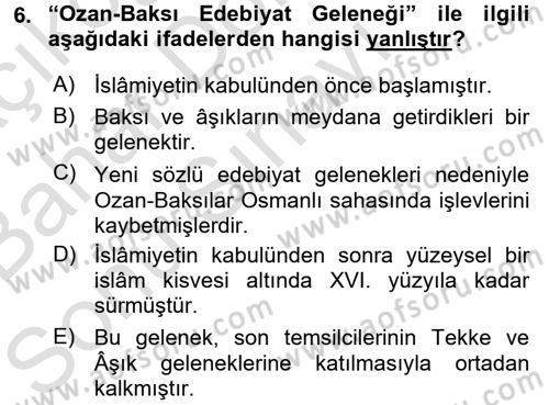 Halk Edebiyatına Giriş 2 Dersi 2015 - 2016 Yılı (Final) Dönem Sonu Sınav Soruları 6. Soru