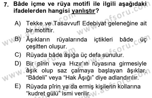 Halk Edebiyatına Giriş 2 Dersi 2015 - 2016 Yılı (Final) Dönem Sonu Sınav Soruları 7. Soru