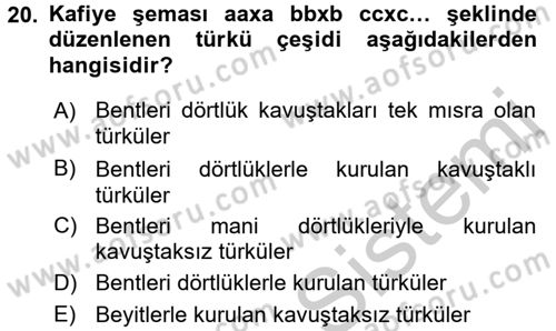 Halk Edebiyatına Giriş 2 Dersi 2016 - 2017 Yılı (Vize) Ara Sınav Soruları 20. Soru