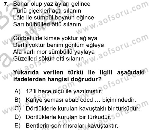 Halk Edebiyatına Giriş 2 Dersi 2016 - 2017 Yılı (Vize) Ara Sınav Soruları 7. Soru