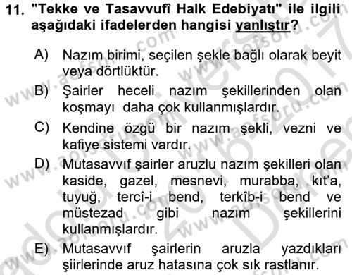 Halk Edebiyatına Giriş 2 Dersi 2016 - 2017 Yılı (Final) Dönem Sonu Sınav Soruları 11. Soru