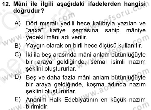 Halk Edebiyatına Giriş 2 Dersi 2017 - 2018 Yılı (Vize) Ara Sınav Soruları 12. Soru
