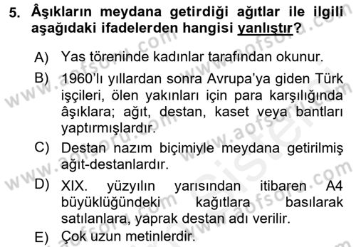 Halk Edebiyatına Giriş 2 Dersi 2017 - 2018 Yılı (Vize) Ara Sınav Soruları 5. Soru