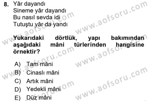 Halk Edebiyatına Giriş 2 Dersi 2017 - 2018 Yılı (Vize) Ara Sınav Soruları 8. Soru