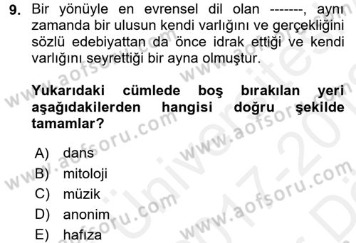 Halk Edebiyatına Giriş 2 Dersi 2017 - 2018 Yılı (Vize) Ara Sınav Soruları 9. Soru