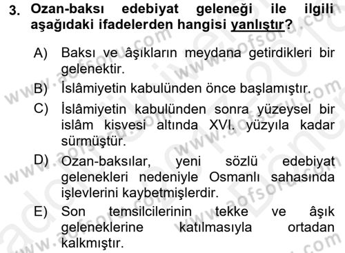 Halk Edebiyatına Giriş 2 Dersi 2017 - 2018 Yılı (Final) Dönem Sonu Sınav Soruları 3. Soru