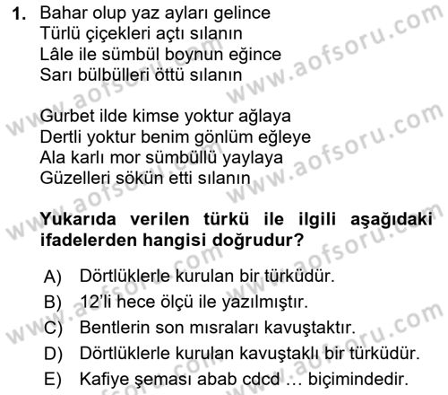 Halk Edebiyatına Giriş 2 Dersi 2018 - 2019 Yılı (Vize) Ara Sınav Soruları 1. Soru