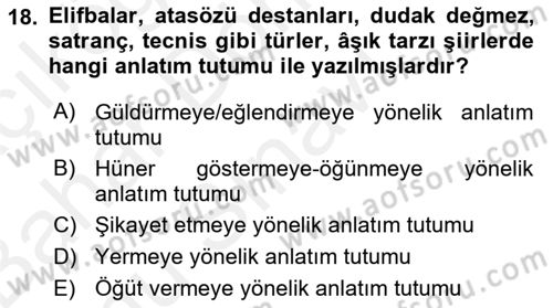 Halk Edebiyatına Giriş 2 Dersi 2018 - 2019 Yılı (Final) Dönem Sonu Sınav Soruları 18. Soru