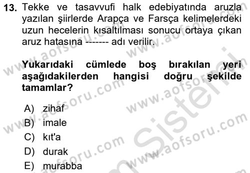 Halk Edebiyatına Giriş 2 Dersi 2020 - 2021 Yılı Yaz Okulu Sınav Soruları 13. Soru