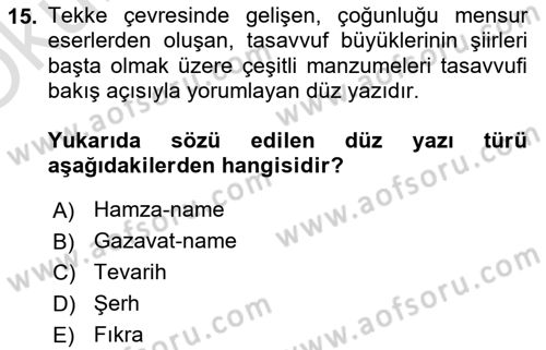 Halk Edebiyatına Giriş 2 Dersi 2020 - 2021 Yılı Yaz Okulu Sınav Soruları 15. Soru