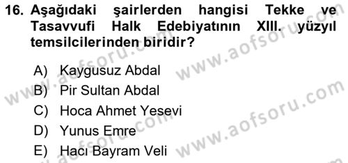 Halk Edebiyatına Giriş 2 Dersi 2020 - 2021 Yılı Yaz Okulu Sınav Soruları 16. Soru