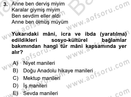 Halk Edebiyatına Giriş 2 Dersi 2021 - 2022 Yılı (Vize) Ara Sınav Soruları 3. Soru