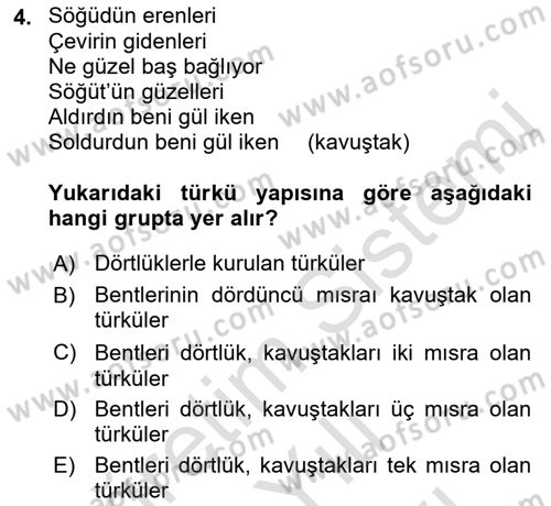 Halk Edebiyatına Giriş 2 Dersi 2021 - 2022 Yılı (Vize) Ara Sınav Soruları 4. Soru