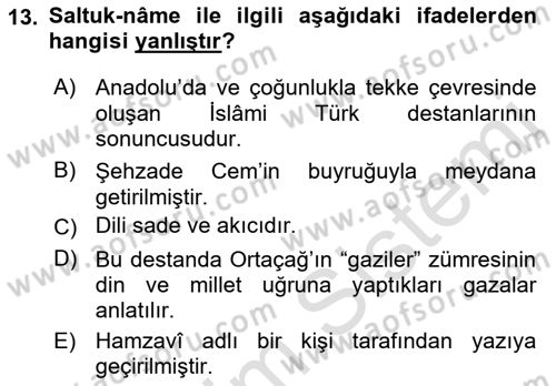Halk Edebiyatına Giriş 2 Dersi 2021 - 2022 Yılı (Final) Dönem Sonu Sınav Soruları 13. Soru