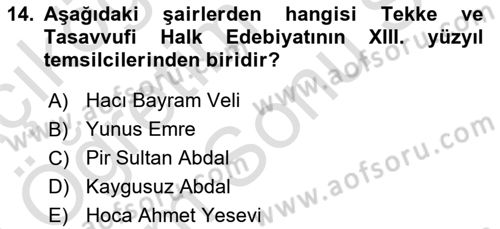 Halk Edebiyatına Giriş 2 Dersi 2021 - 2022 Yılı (Final) Dönem Sonu Sınav Soruları 14. Soru
