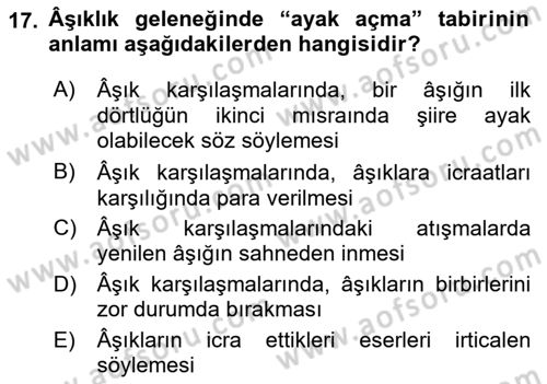 Halk Edebiyatına Giriş 2 Dersi 2021 - 2022 Yılı (Final) Dönem Sonu Sınav Soruları 17. Soru