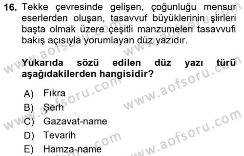 Halk Edebiyatına Giriş 2 Dersi 2021 - 2022 Yılı Yaz Okulu Sınav Soruları 16. Soru