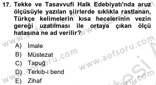 Halk Edebiyatına Giriş 2 Dersi 2021 - 2022 Yılı Yaz Okulu Sınav Soruları 17. Soru