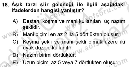 Halk Edebiyatına Giriş 2 Dersi 2021 - 2022 Yılı Yaz Okulu Sınav Soruları 18. Soru