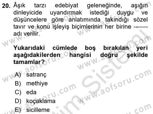 Halk Edebiyatına Giriş 2 Dersi 2021 - 2022 Yılı Yaz Okulu Sınav Soruları 20. Soru