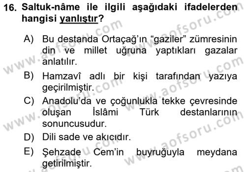 Halk Edebiyatına Giriş 2 Dersi 2022 - 2023 Yılı Yaz Okulu Sınav Soruları 16. Soru