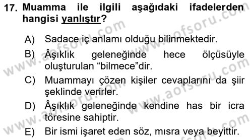 Halk Edebiyatına Giriş 2 Dersi 2022 - 2023 Yılı Yaz Okulu Sınav Soruları 17. Soru