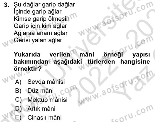 Halk Edebiyatına Giriş 2 Dersi 2022 - 2023 Yılı Yaz Okulu Sınav Soruları 3. Soru