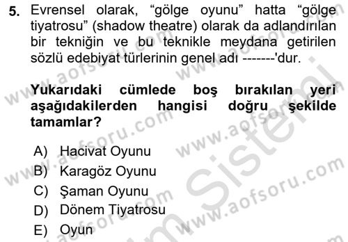 Halk Edebiyatına Giriş 2 Dersi 2022 - 2023 Yılı Yaz Okulu Sınav Soruları 5. Soru