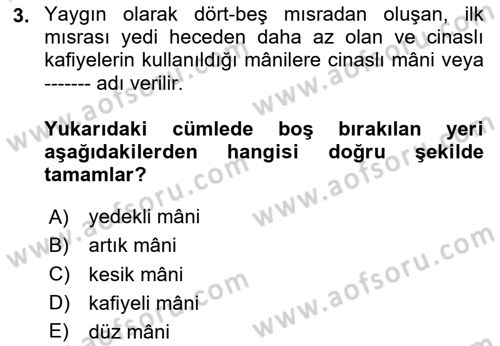 Halk Edebiyatına Giriş 2 Dersi 2023 - 2024 Yılı (Vize) Ara Sınav Soruları 3. Soru