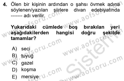 Halk Edebiyatına Giriş 2 Dersi 2023 - 2024 Yılı (Vize) Ara Sınav Soruları 4. Soru
