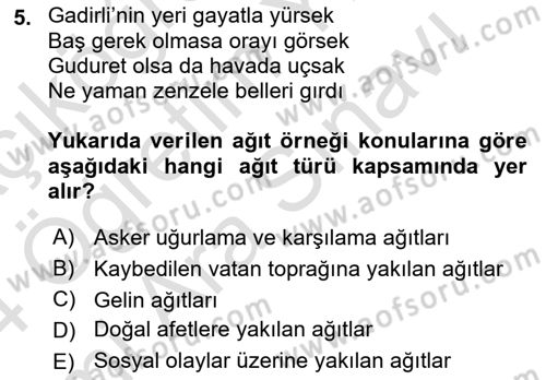 Halk Edebiyatına Giriş 2 Dersi 2023 - 2024 Yılı (Vize) Ara Sınav Soruları 5. Soru
