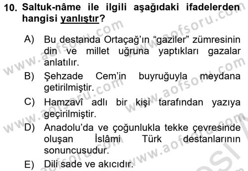 Halk Edebiyatına Giriş 2 Dersi 2023 - 2024 Yılı (Final) Dönem Sonu Sınav Soruları 10. Soru