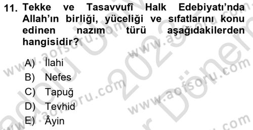 Halk Edebiyatına Giriş 2 Dersi 2023 - 2024 Yılı (Final) Dönem Sonu Sınav Soruları 11. Soru