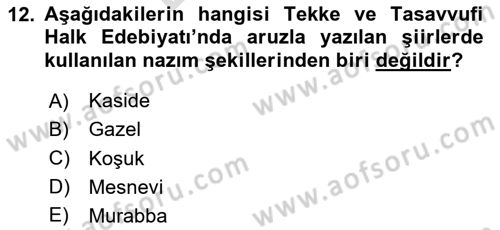 Halk Edebiyatına Giriş 2 Dersi 2023 - 2024 Yılı (Final) Dönem Sonu Sınav Soruları 12. Soru
