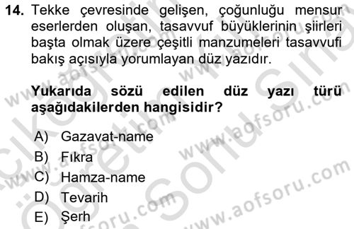 Halk Edebiyatına Giriş 2 Dersi 2023 - 2024 Yılı (Final) Dönem Sonu Sınav Soruları 14. Soru