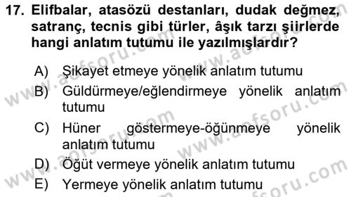 Halk Edebiyatına Giriş 2 Dersi 2023 - 2024 Yılı (Final) Dönem Sonu Sınav Soruları 17. Soru