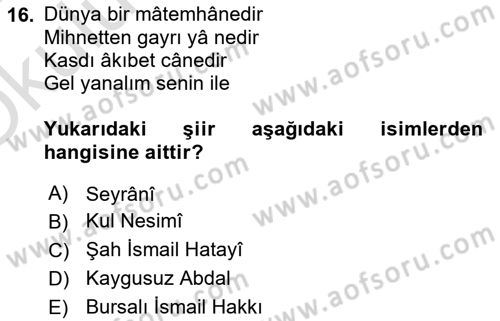 Halk Edebiyatına Giriş 2 Dersi 2023 - 2024 Yılı Yaz Okulu Sınav Soruları 16. Soru