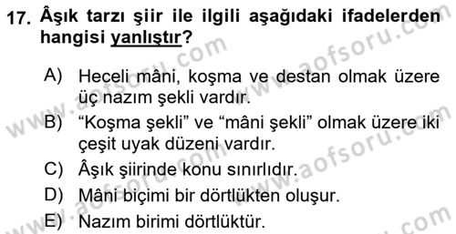 Halk Edebiyatına Giriş 2 Dersi 2023 - 2024 Yılı Yaz Okulu Sınav Soruları 17. Soru