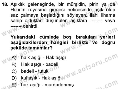 Halk Edebiyatına Giriş 2 Dersi 2023 - 2024 Yılı Yaz Okulu Sınav Soruları 18. Soru