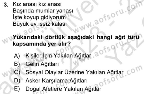 Halk Edebiyatına Giriş 2 Dersi 2023 - 2024 Yılı Yaz Okulu Sınav Soruları 3. Soru