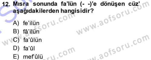 Eski Türk Edebiyatına Giriş: Biçim ve Ölçü Dersi 2013 - 2014 Yılı (Final) Dönem Sonu Sınav Soruları 12. Soru