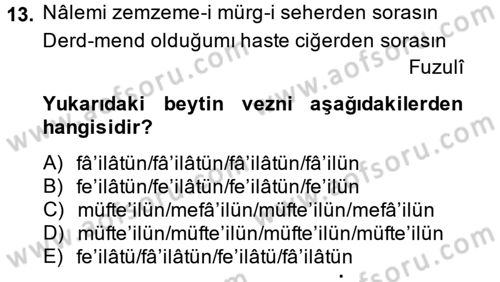 Eski Türk Edebiyatına Giriş: Biçim ve Ölçü Dersi 2013 - 2014 Yılı (Final) Dönem Sonu Sınav Soruları 13. Soru