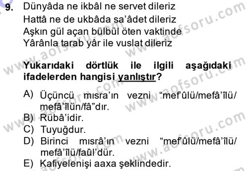 Eski Türk Edebiyatına Giriş: Biçim ve Ölçü Dersi 2013 - 2014 Yılı (Final) Dönem Sonu Sınav Soruları 9. Soru