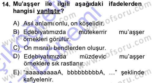 Eski Türk Edebiyatına Giriş: Biçim ve Ölçü Dersi Ara Sınavı Deneme Sınav Soruları 14. Soru