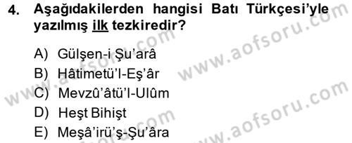 Eski Türk Edebiyatına Giriş: Biçim ve Ölçü Dersi 2014 - 2015 Yılı (Vize) Ara Sınav Soruları 4. Soru