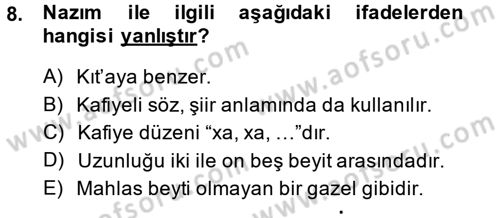Eski Türk Edebiyatına Giriş: Biçim ve Ölçü Dersi Ara Sınavı Deneme Sınav Soruları 8. Soru